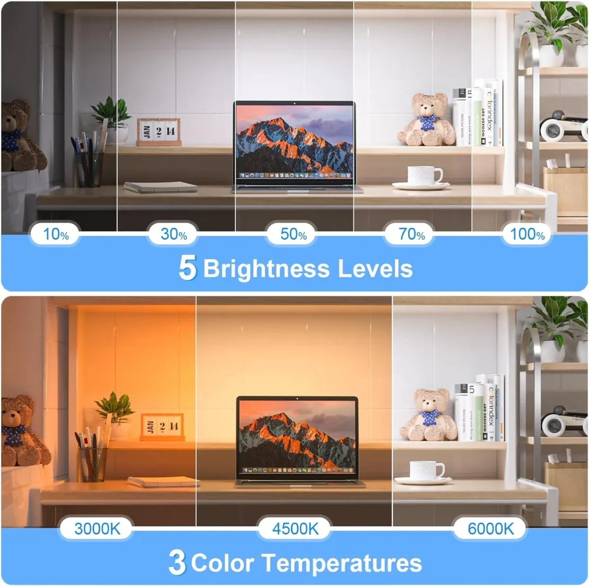 WILLED 5W Dimmable Night Light 3 Colors Adjustable Makeup Light with 2500mAh Rechargeable Under Cabinet for Closet Bedside Desk - Image 2