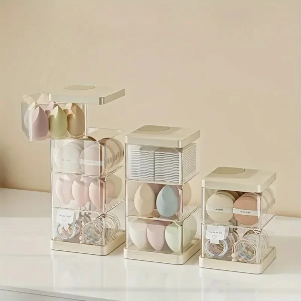 1pc Plastic Powder Puff Box with Rotating Desktop Organizer, Dustproof Makeup Egg & Air Cushion Brush Shelf, Multi-layer Finishi